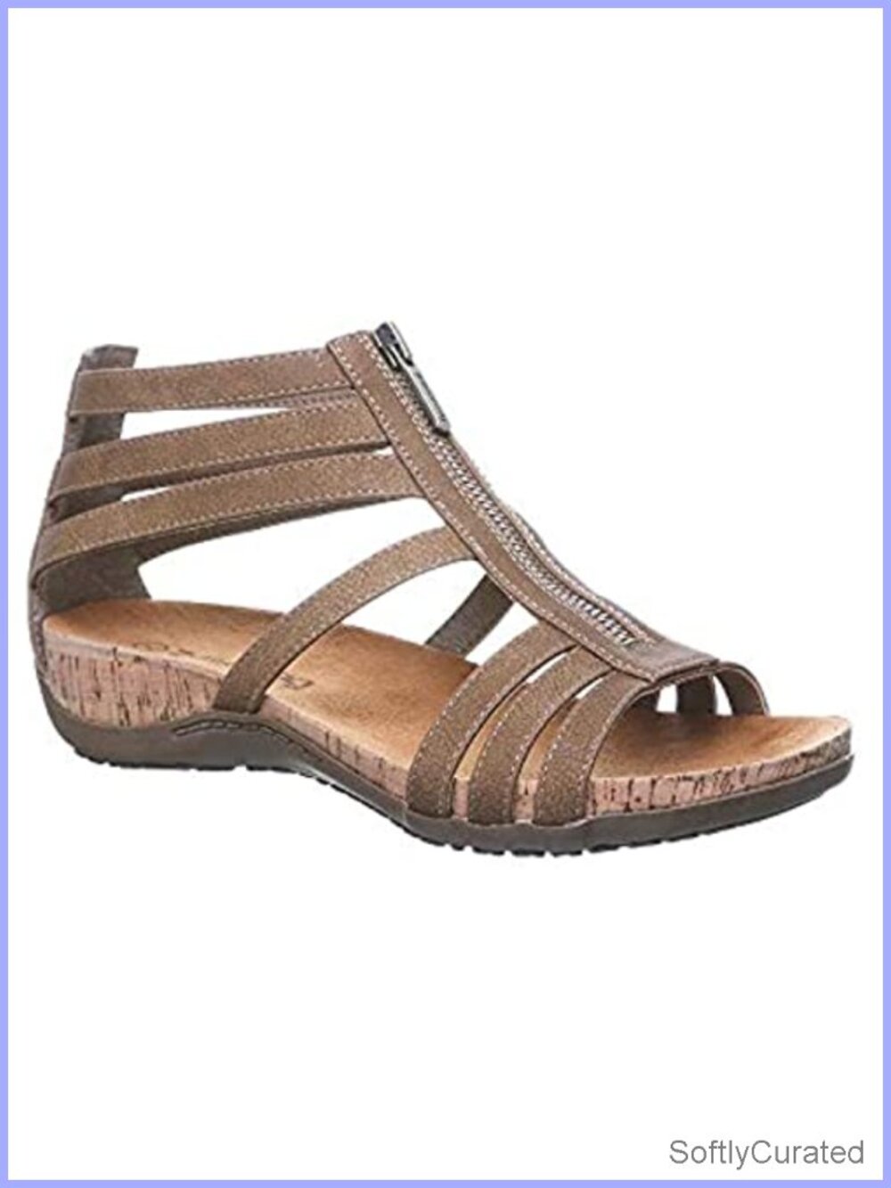 Faux Leather Strappy Sandals with Front Zipper Closure and Cork-Wrapped Midsole